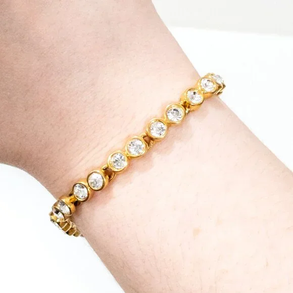 SWAROVSKI Signed Swan Vintage Tennis Bracelet Gold Tone Round Crystal 20cm Long - Picture 2 of 5